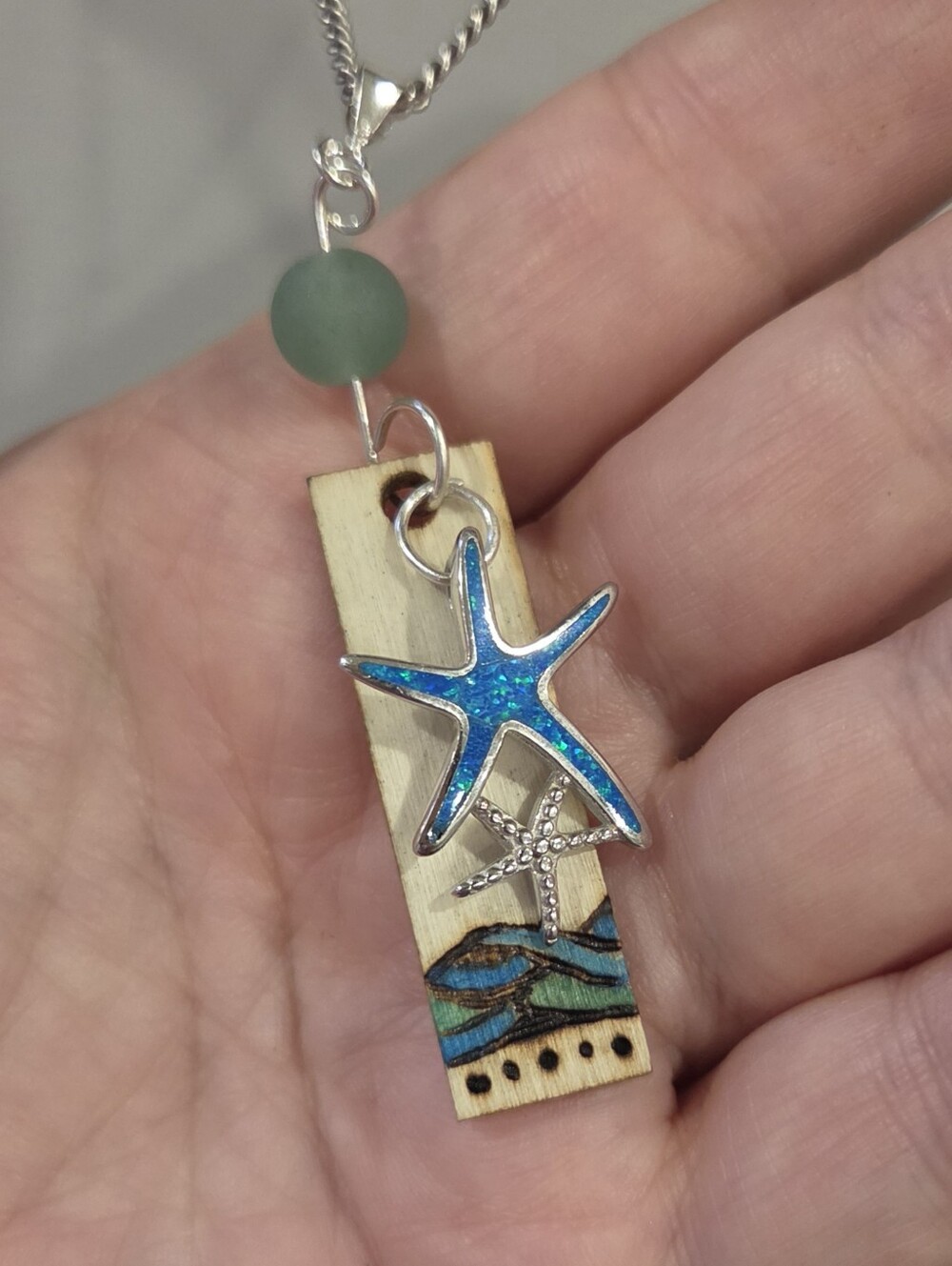 Handmade Wood And Starfish Pendant - Sterling Silver Blue Opal